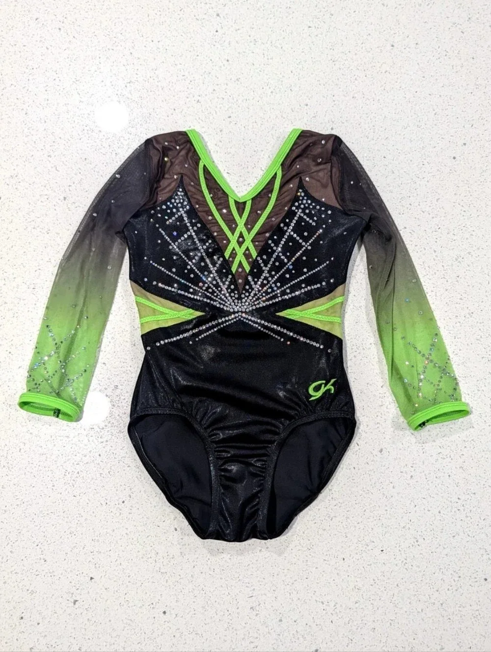 COMPETITION GK Elite Large Gymnastics Dance Leotard Neon Green 3/4 slv SWAROVSKI